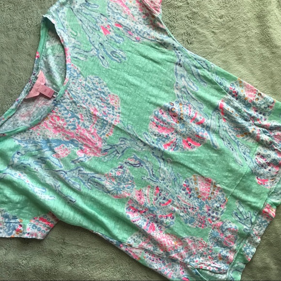 Lilly Pulitzer Mikela Linen Top Minty Fresh Fansea - Picture 1 of 8